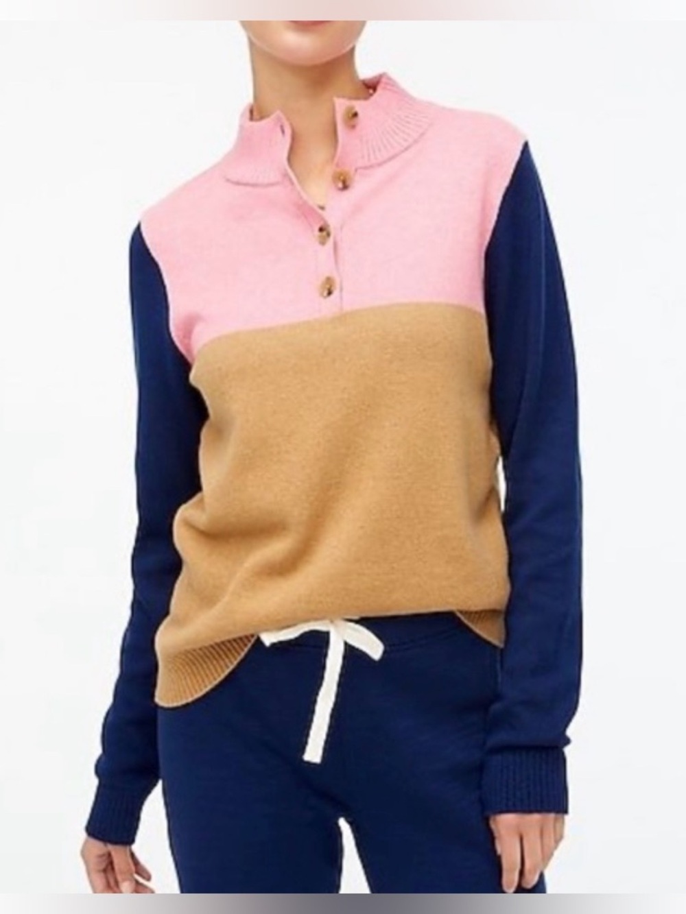 J Crew Colorblock Mock-Neck Button Sweater in Pink, Tan & Navy Size XL